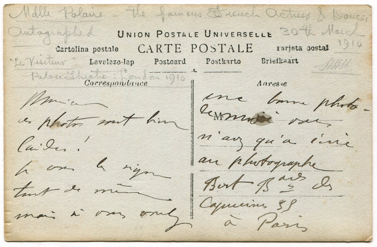 Carte postale Eclair (dédicacée) – Cliché Nadar – 1902