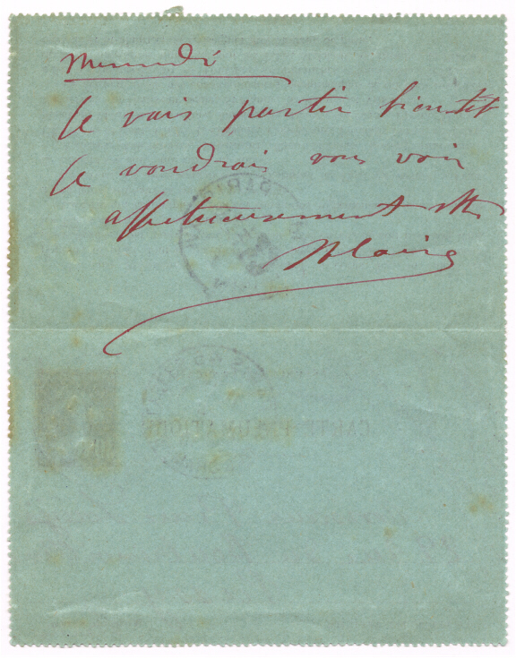 Pneumatique adressé à Pierre Louÿs – 12 janvier 1910